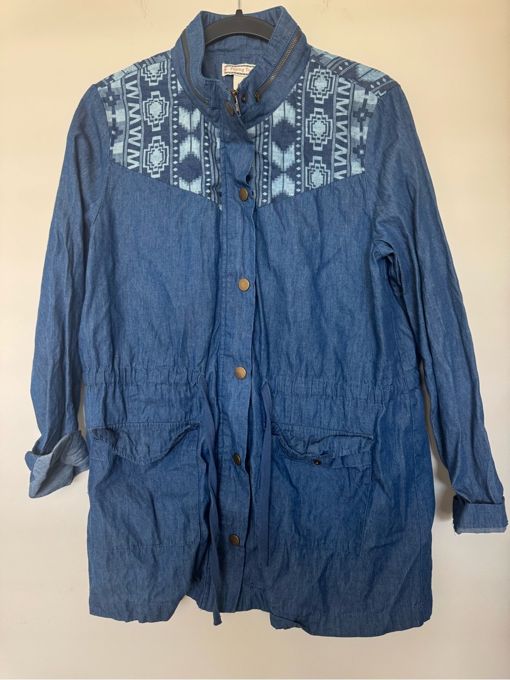 Flying Tomato 100% Cotton Aztec Western Indigo Denim Jacket Geometric Yoke L